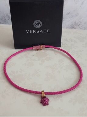 Versace Hot Pink Braided Leather Necklace with Pink Crystal Medusa Charm